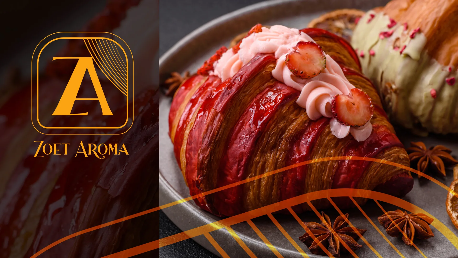 Zoet Aroma industry design strawberry croissant Glazed red croissant topped with pink cream and strawberry slices beside star anise.