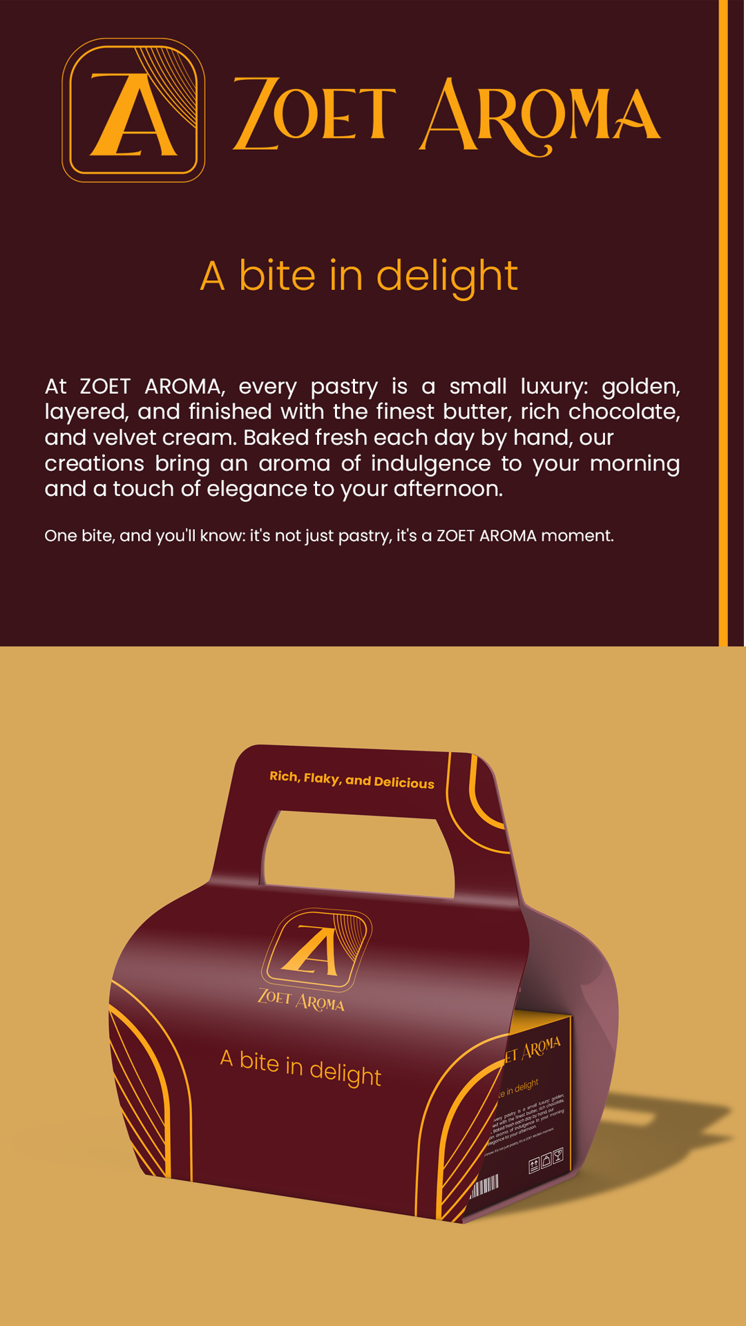 zoet aroma packaging branding design Zoet Aroma logo and brand description above a maroon and gold pastry carry box.