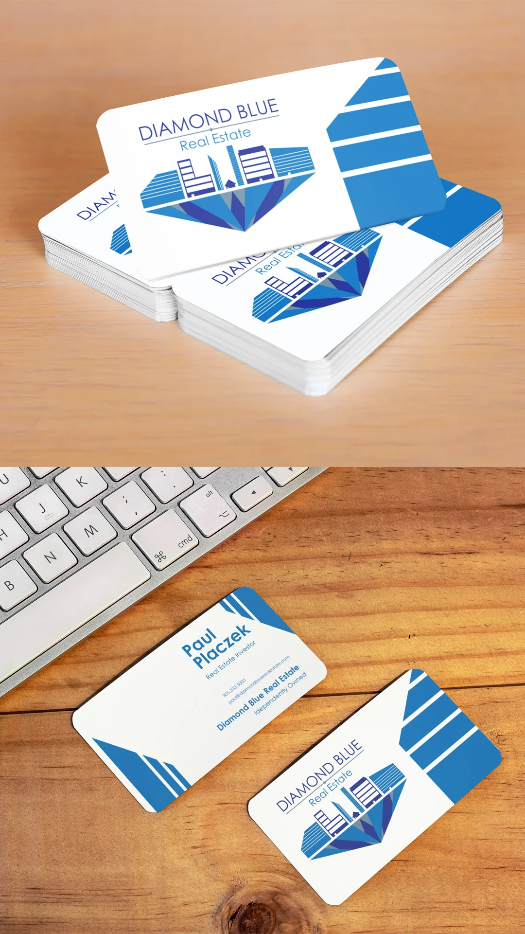 Diamond Blue Real Estate Business Cards Stacked blue and white business cards beside a keyboard on a wooden desk, real estate branding.