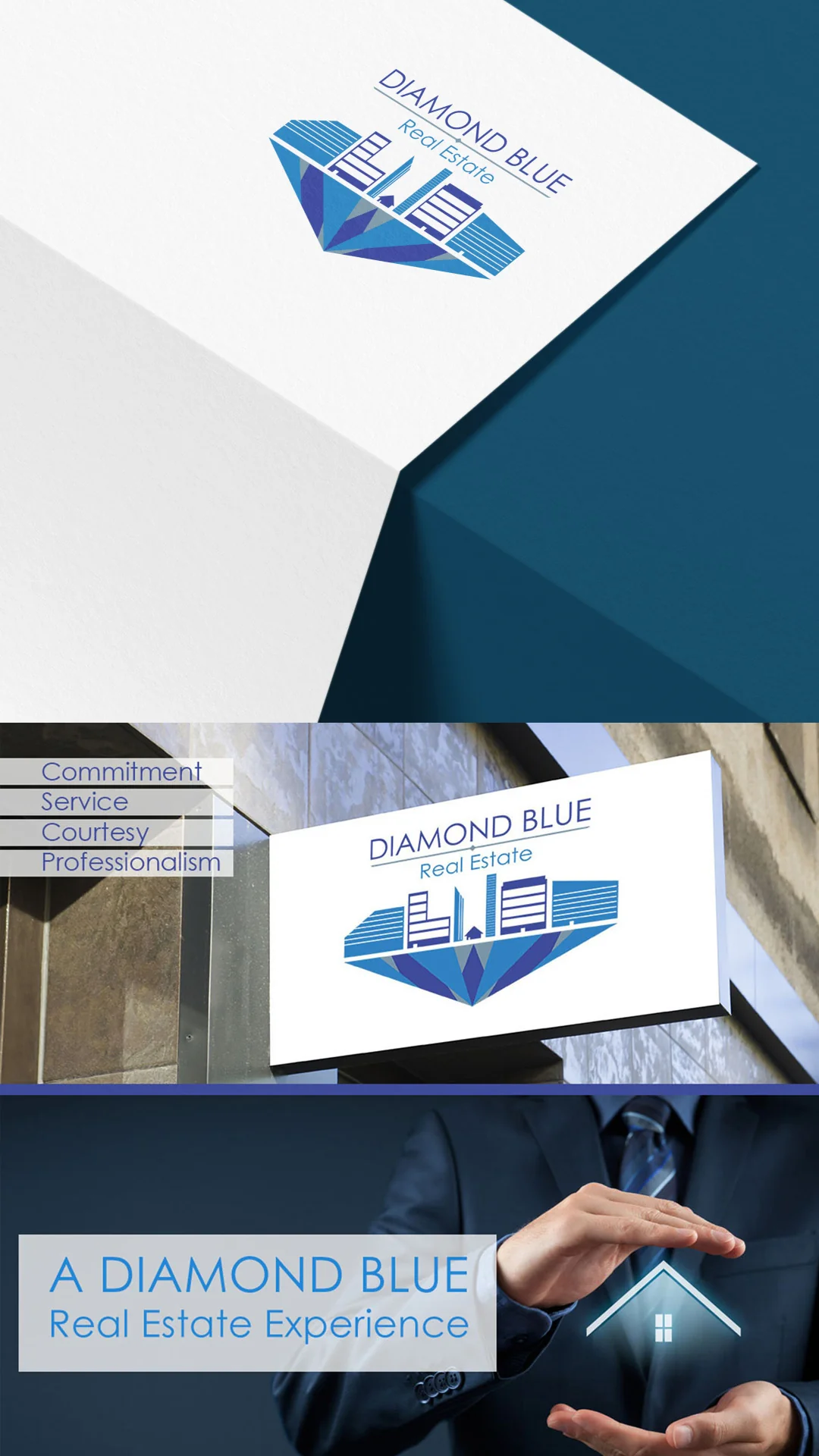 Diamond Blue Real Estate Logo on Paper and Sign Blue city skyline diamond logo on white paper, a hanging storefront sign, and hands sheltering a glowing house icon.