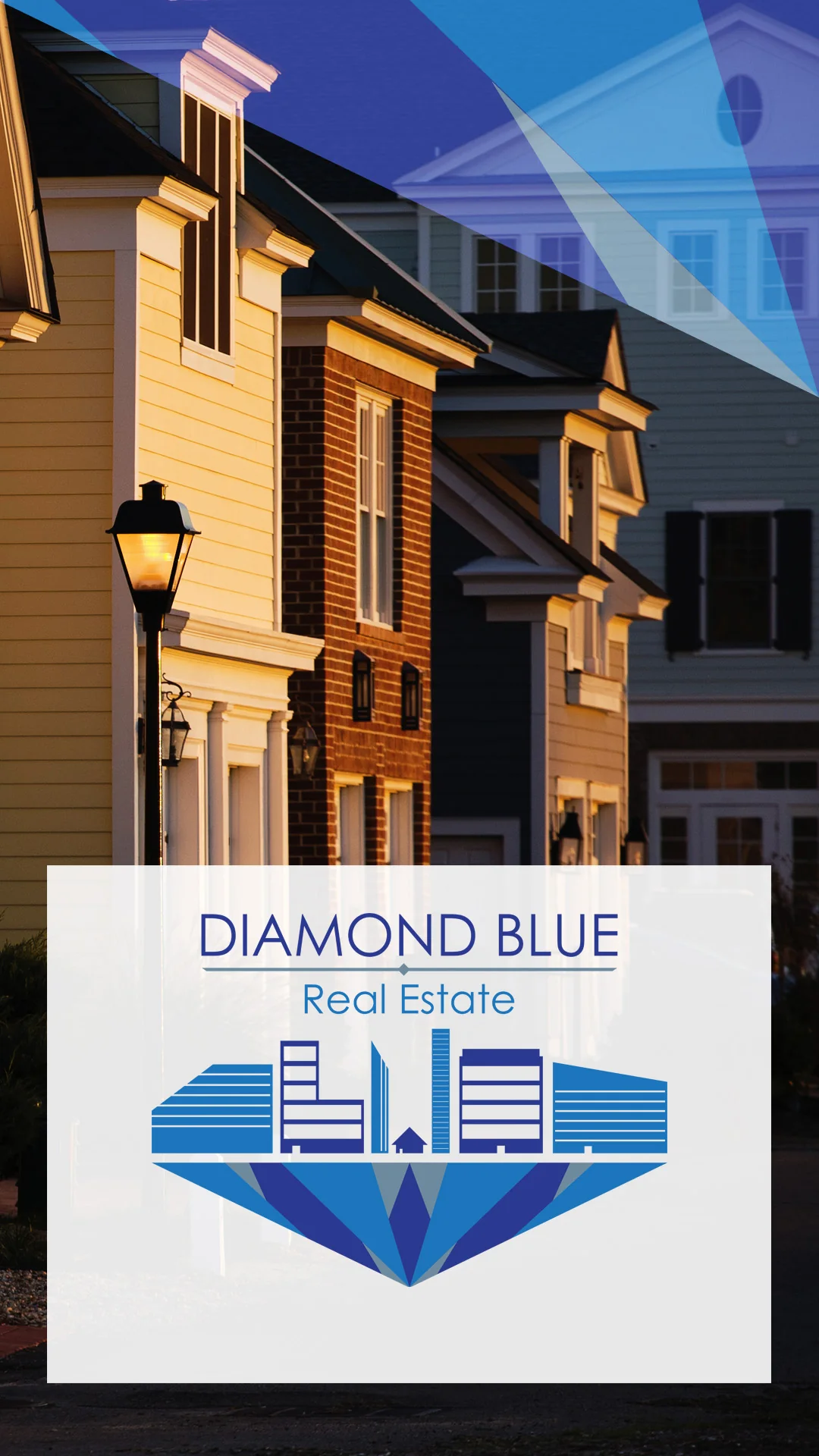 Diamond Blue Real Estate Logo Over Townhouses Blue diamond skyline logo on a white panel over sunlit townhouses and a glowing street lamp, real estate logo design.