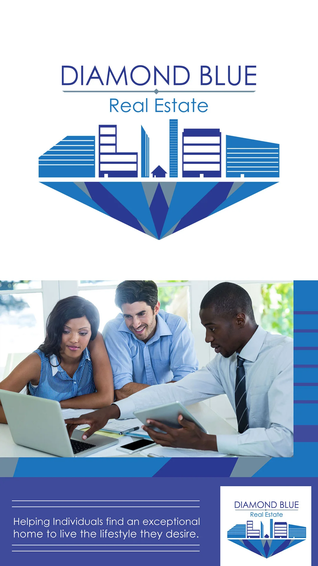 Diamond Blue Real Estate Logo With Clients Blue diamond skyline logo above an agent showing a tablet to a smiling couple at a laptop.