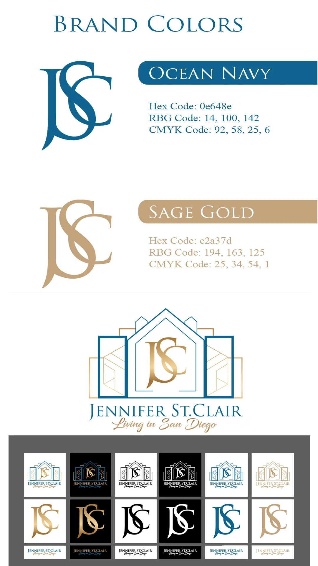 Jennifer St Clair Real Estate Brand Colors Navy and gold monogram color swatches above a house logo and grid of logo variations, real estate branding.