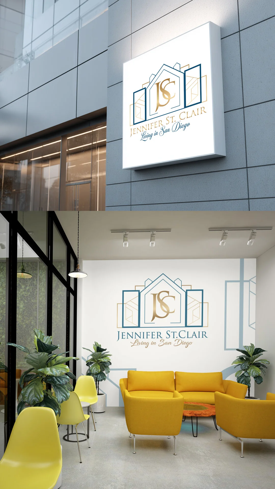 Jennifer St Clair Real Estate Sign and Office Wall Square lit sign on a gray building above a bright lobby with yellow sofas and a wall logo, real estate branding.