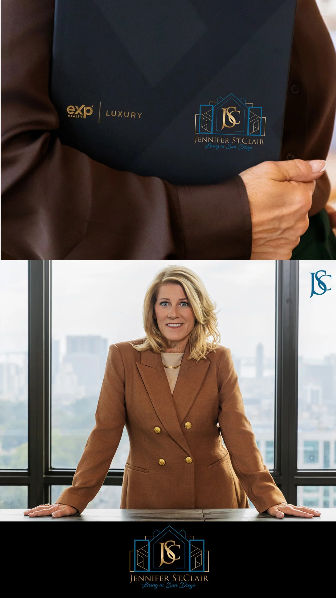 Jennifer St Clair Real Estate Folder and Portrait Navy presentation folder held against a brown sleeve above a blonde agent in a tan blazer at a table.