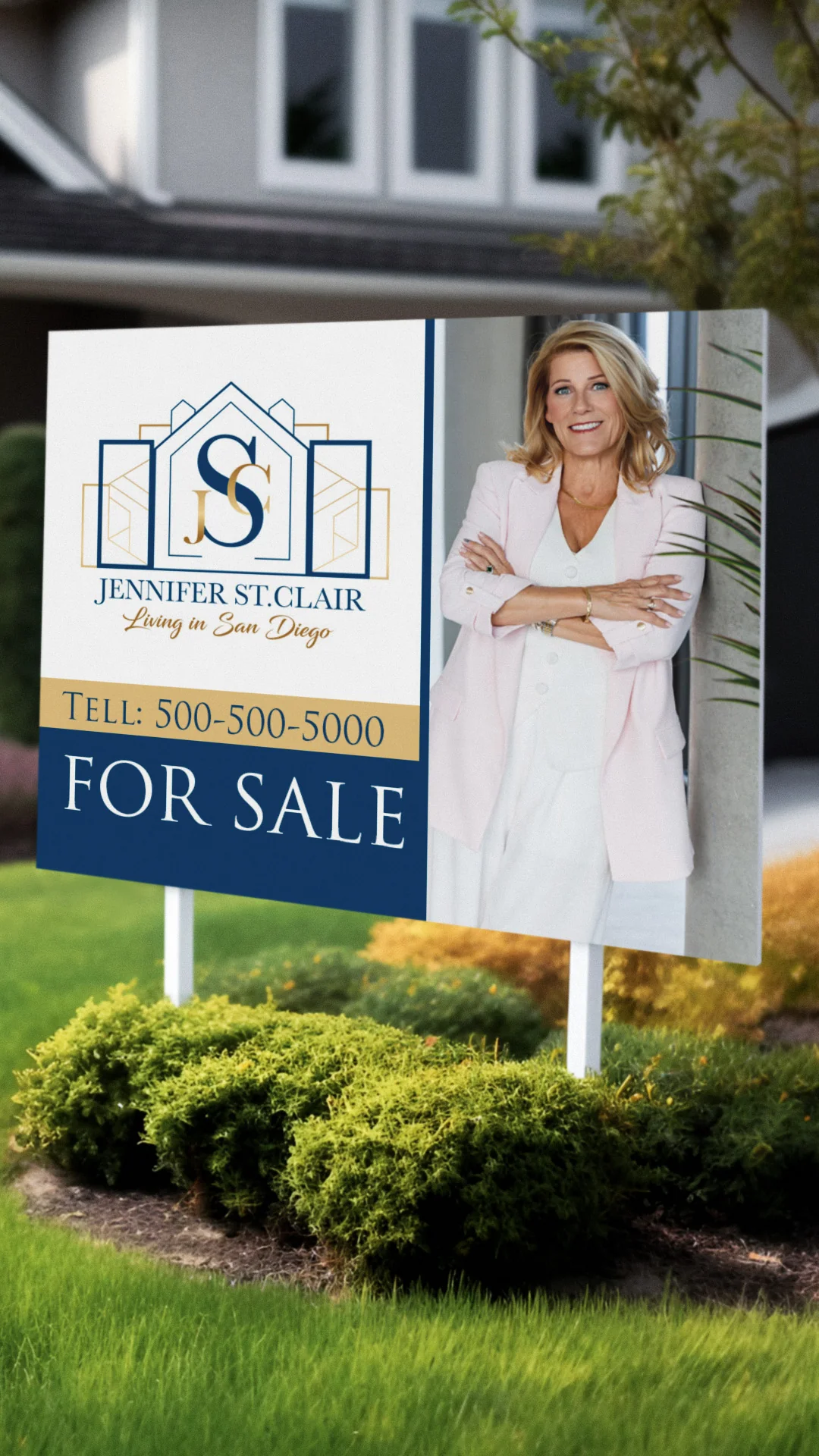 Jennifer St Clair Real Estate For Sale Yard Sign Navy and white for sale yard sign with a smiling agent in a pink blazer, real estate branding.