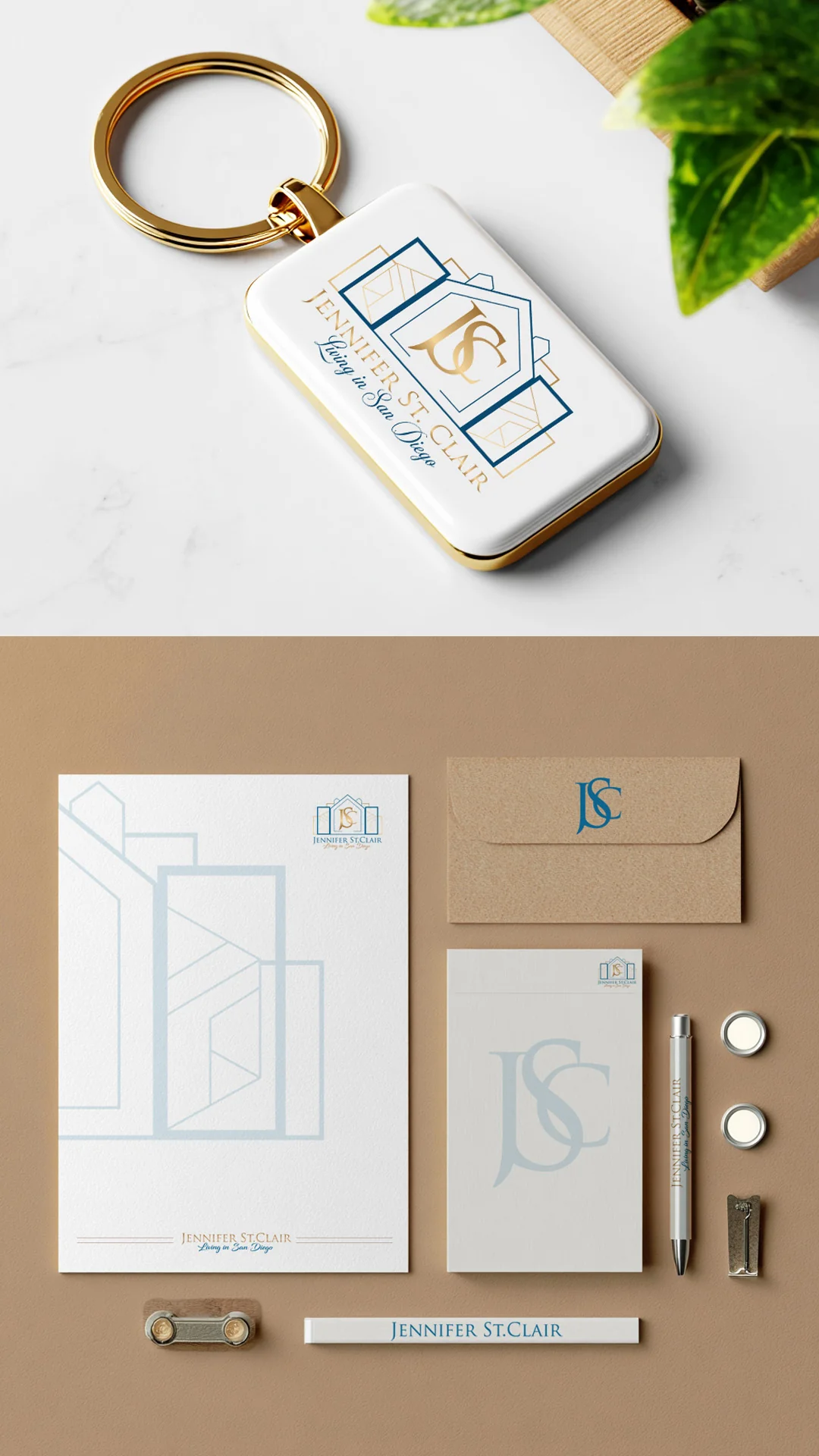 Jennifer St Clair Real Estate Keychain and Stationery Gold ring keychain above letterhead, kraft envelope, notepad, pen and name badge on a tan background, real estate logo design.
