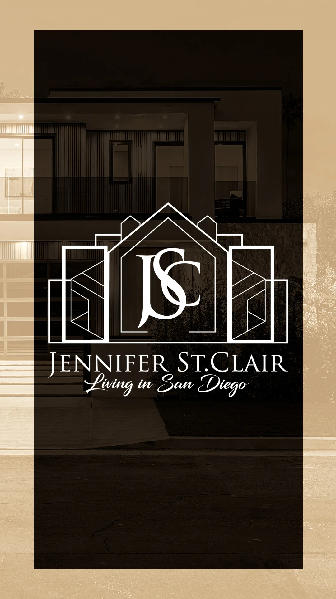 Jennifer St Clair Real Estate Logo Over Modern Home White house outline logo on a dark sepia panel over a modern two story home, real estate logo design.