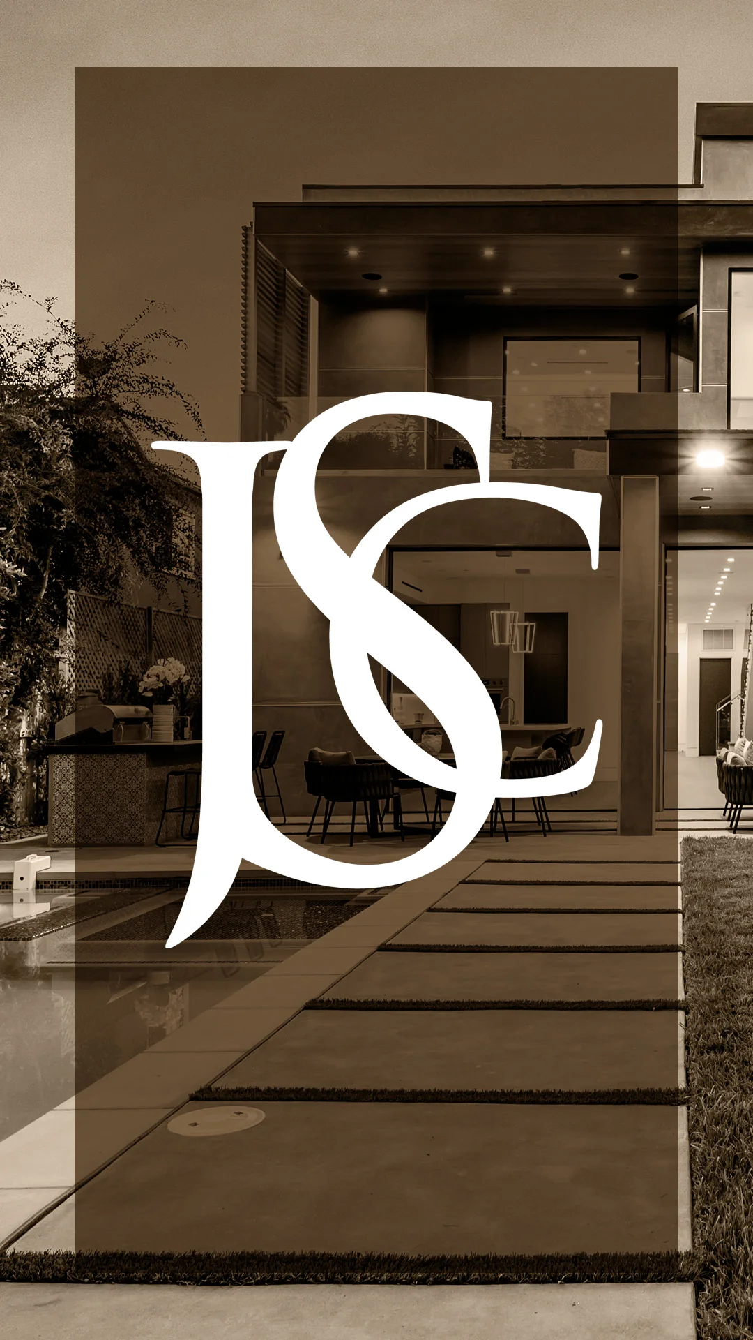 Jennifer St Clair Real Estate Monogram Over Backyard Large white JSC monogram over a sepia modern home with a pool and stepping stone walkway, real estate branding.