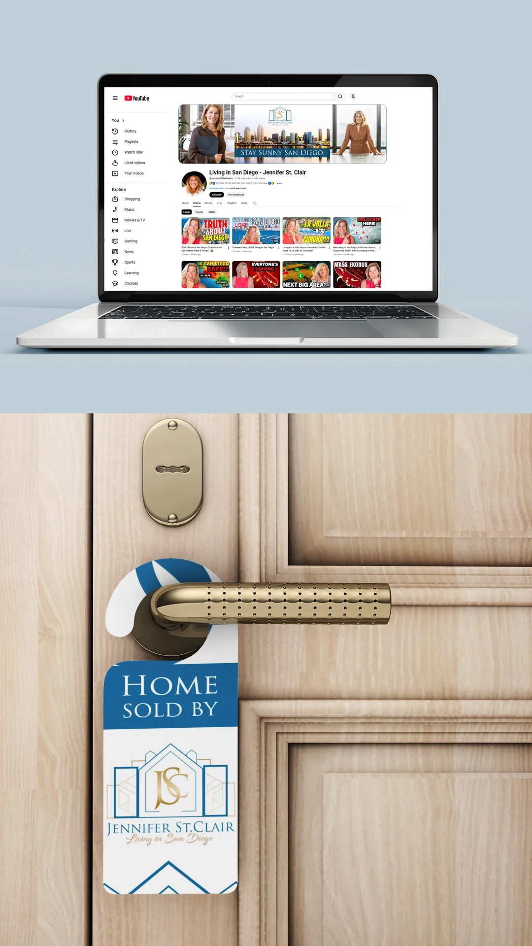 Jennifer St Clair Real Estate YouTube and Door Hanger Laptop showing a real estate YouTube channel page above a blue and white door hanger on a wooden door.