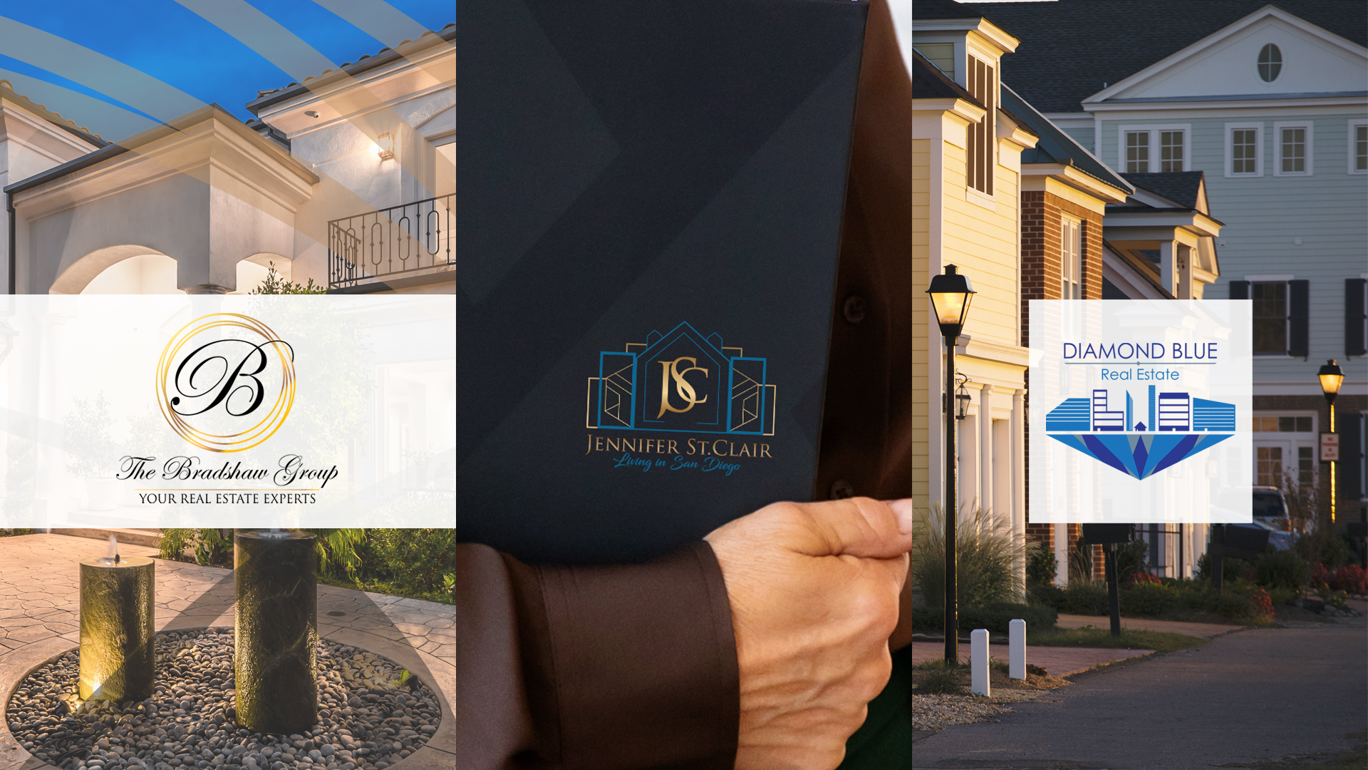 Real Estate Logo Design Portfolio Collage Three side by side panels showing a gold monogram logo, a navy and gold house logo, and a blue diamond skyline logo over homes, real estate logo design.