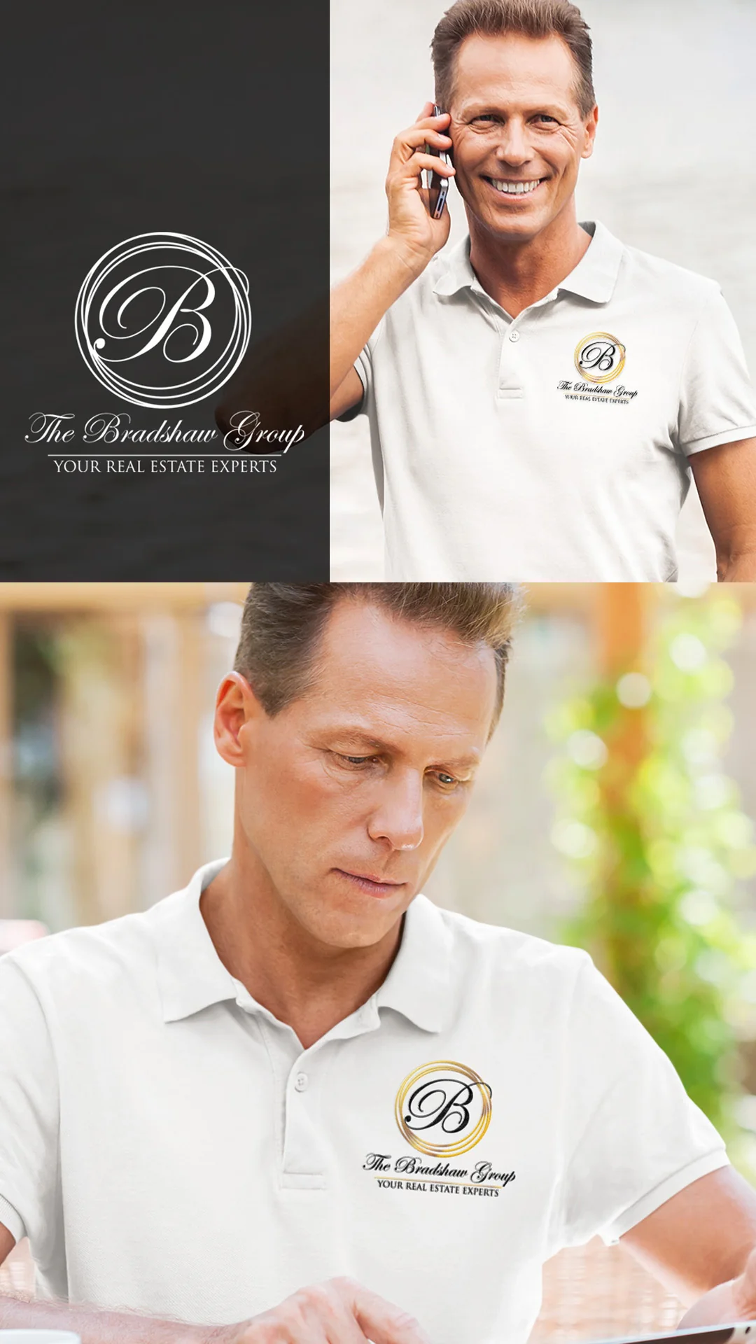 Real Estate Agent in Logo Polo Shirt Smiling man on a phone call and a man working outdoors, both in white polos with embroidered real estate logo design.