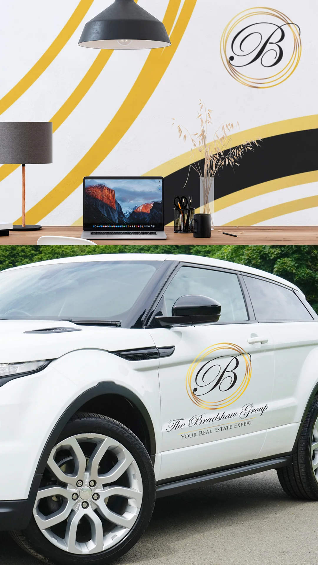 Real Estate Logo on Wall Mural and SUV Gold and black wall stripes above a desk with laptop, and a white SUV door carrying a real estate logo decal.