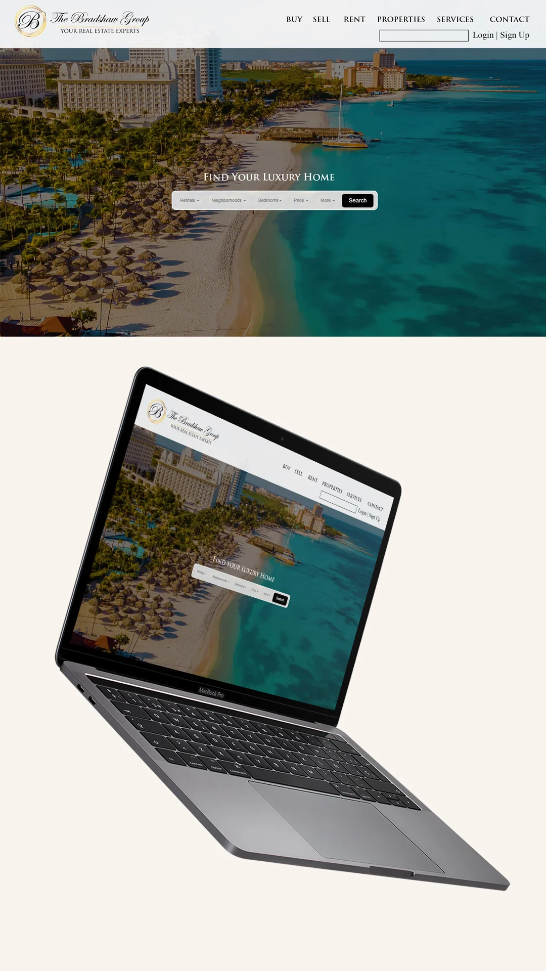 Real Estate Website Homepage on MacBook Pro Beach resort hero banner above a tilted MacBook Pro showing the same real estate website design.