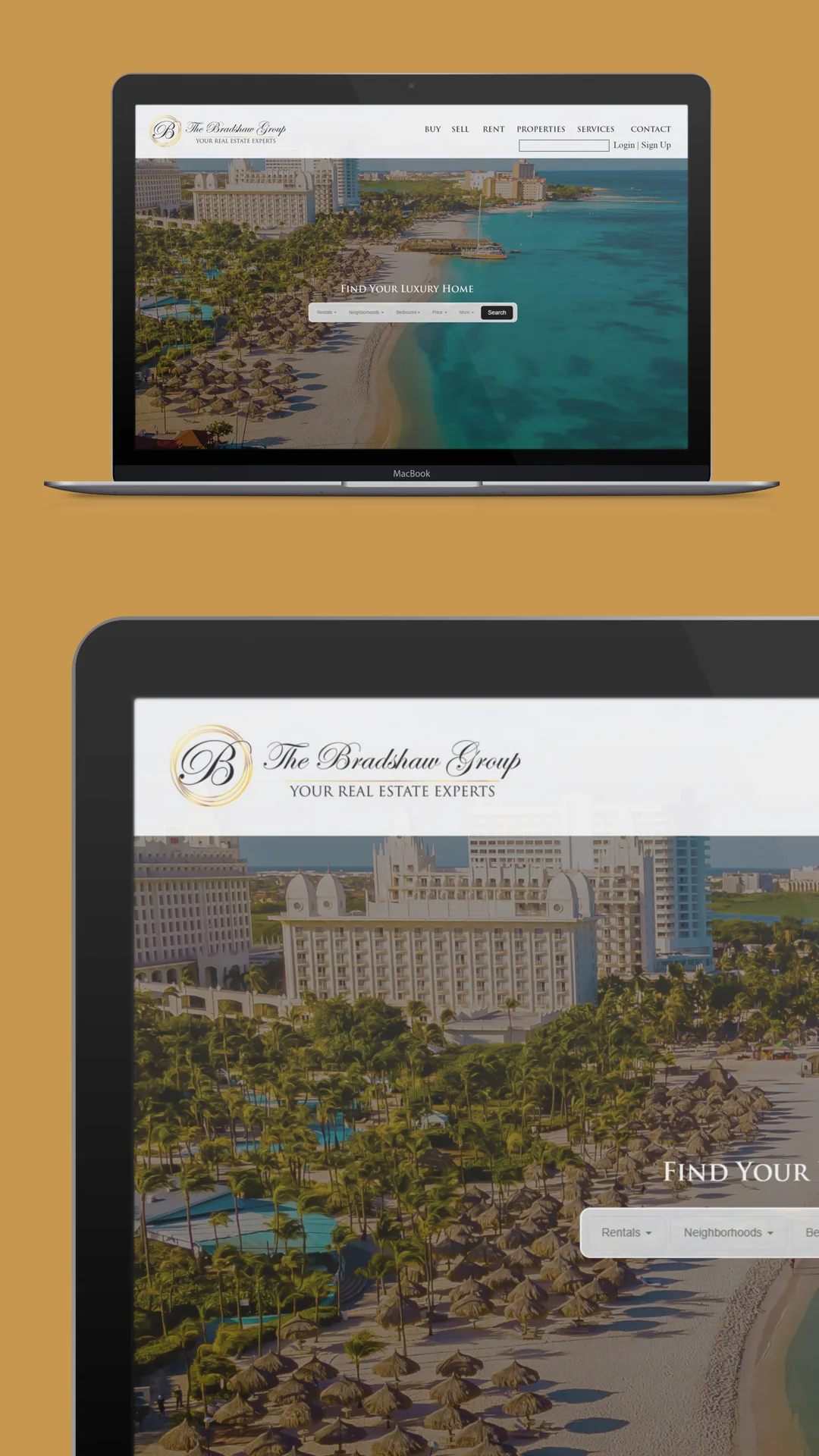 Real Estate Website Mockup on MacBook Real estate website homepage displayed on a MacBook against a gold background, showing web design for real estate branding.